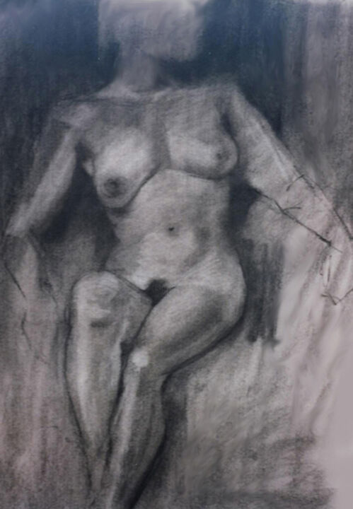 Drawing titled "Seated Charcoal" by Carolyn   A. Debnam, Original Artwork, Charcoal Mounted on Wood Stretcher frame
