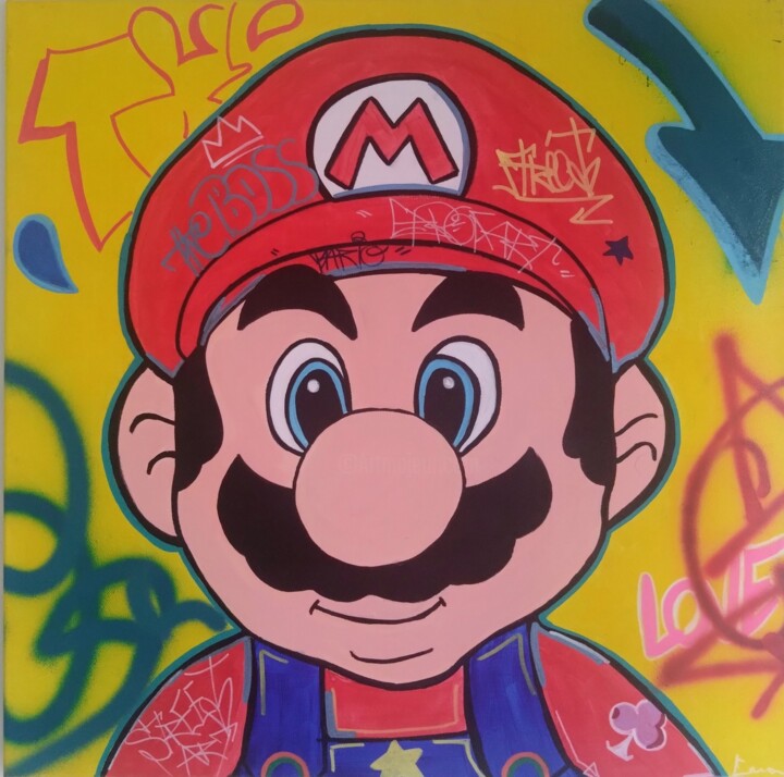 Schilderij getiteld "Pop art Yellow Mario" door Caronart, Origineel Kunstwerk, Acryl