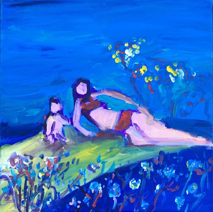 Peinture intitulée "Pause bleue" par Caropeu, Œuvre d'art originale, Acrylique