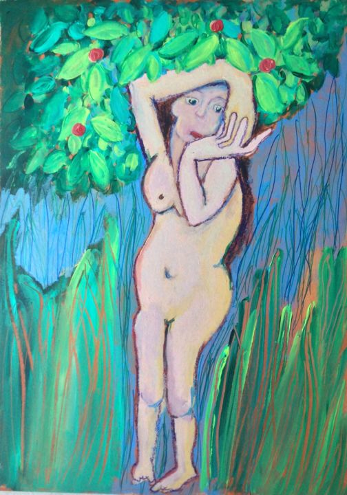 Peinture intitulée "Ève sous les feuill…" par Caropeu, Œuvre d'art originale, Acrylique