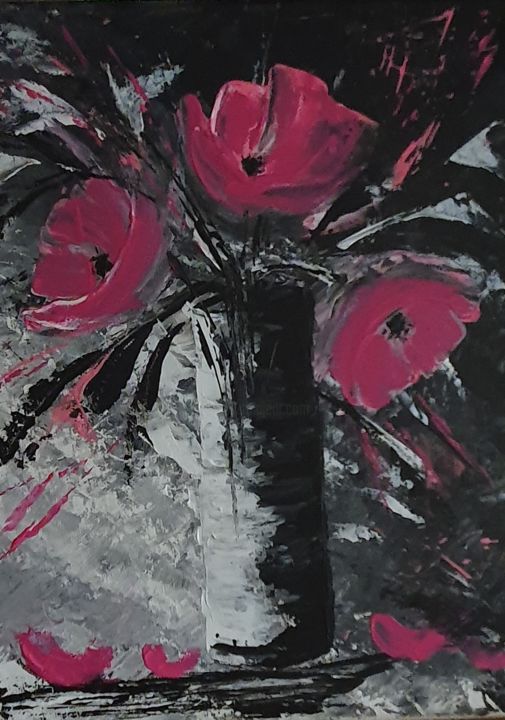 Картина под названием "Pink Flowers" - Carole Trioreau, Подлинное произведение искусства, Акрил