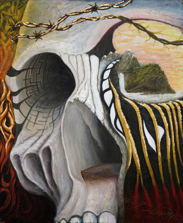 Картина под названием "Skullusion II" - Carraux, Подлинное произведение искусства, Масло Установлен на Деревянная рама для н…