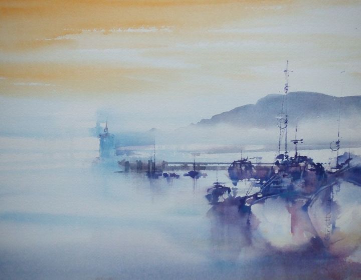 Painting titled "Harbour 2014" by Claude Carretta, Original Artwork, Watercolor