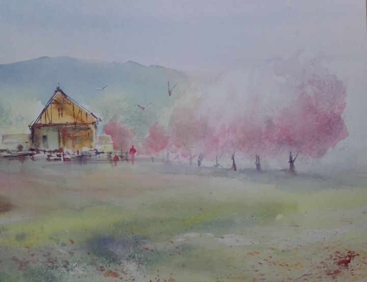 Painting titled "printemps-alsacien.…" by Claude Carretta, Original Artwork, Watercolor