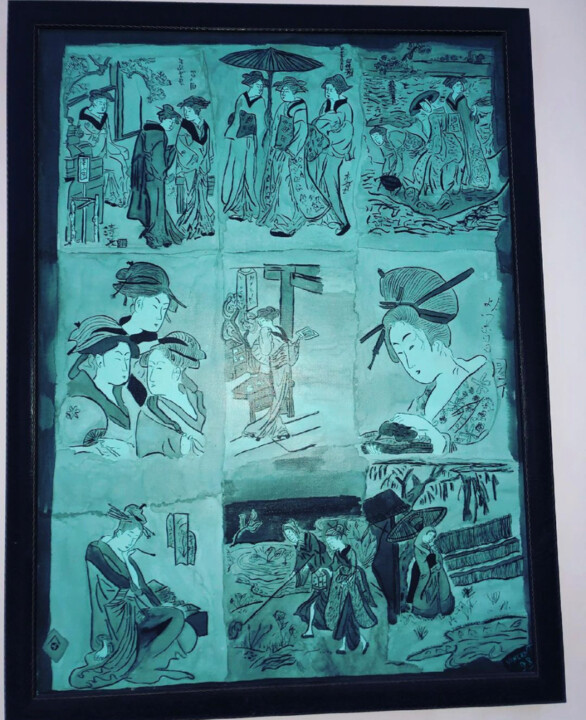 Printmaking titled "Scène de vie" by Carrie Vouteau, Original Artwork, Ink Mounted on Wood Stretcher frame