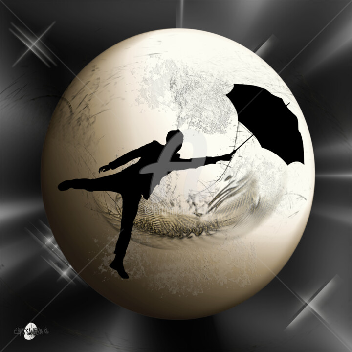 Digitale Kunst mit dem Titel "Lune homme parapluie" von Cartsandra B, Original-Kunstwerk, 2D digitale Arbeit
