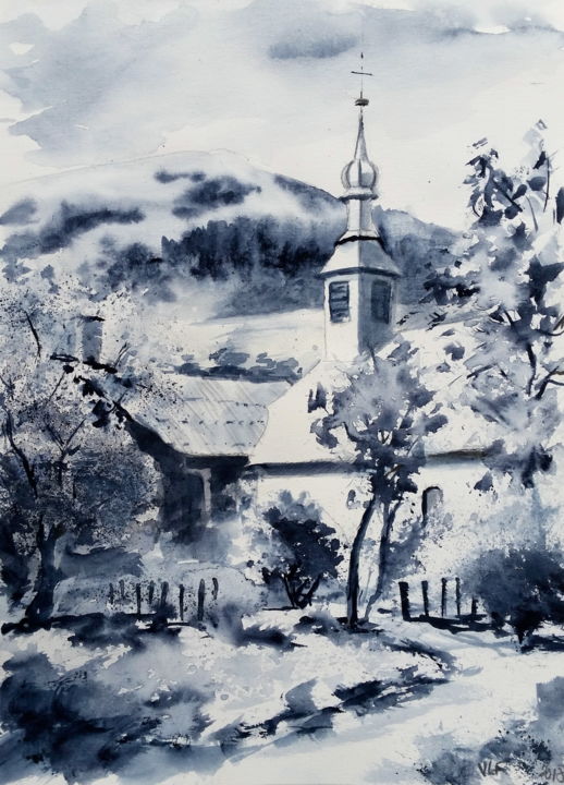 Peinture intitulée "Petite église dans…" par Le Forestier, Œuvre d'art originale, Aquarelle
