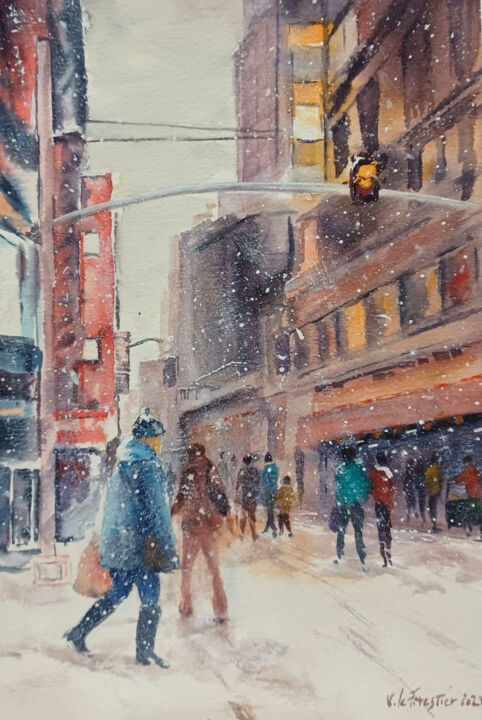 Peinture intitulée "Hiver à New York" par Le Forestier, Œuvre d'art originale, Aquarelle