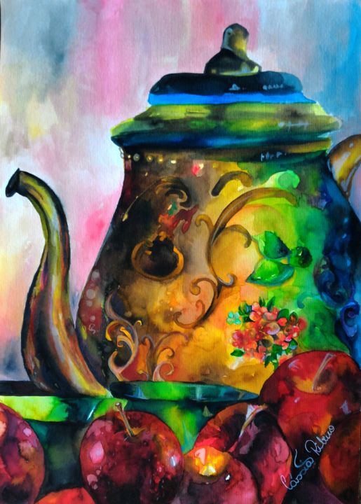 Painting titled "Teapot With Apples" by Cássia Ribeiro, Original Artwork, Acrylic