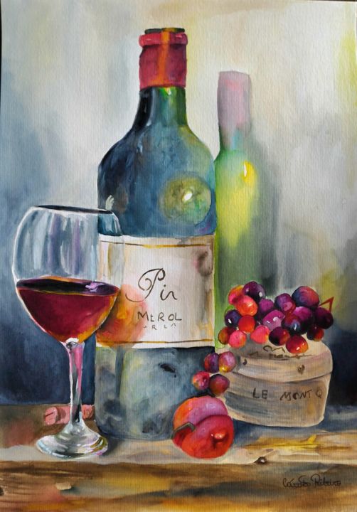 Ζωγραφική με τίτλο "Watercolor Wine" από Cássia Ribeiro, Αυθεντικά έργα τέχνης, Ακρυλικό