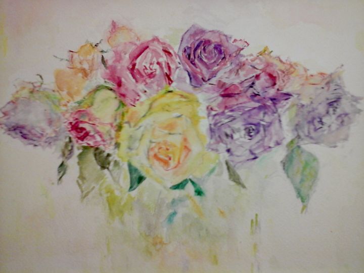 Painting titled "Pastel de roses" by Catherine Claude, Original Artwork, Watercolor