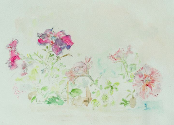 Painting titled "Pétunias éparpillés" by Catherine Claude, Original Artwork, Watercolor