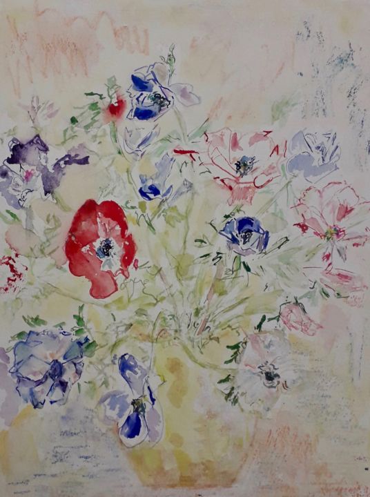 Malerei mit dem Titel "bouquet coloré" von Catherine Claude, Original-Kunstwerk, Aquarell
