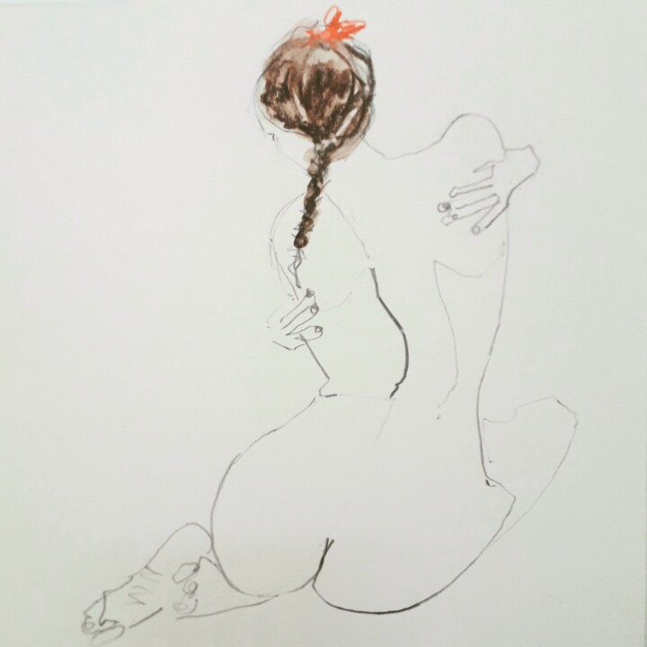 Drawing titled "Jeune femme à la tr…" by Catherine Claude, Original Artwork, Pencil