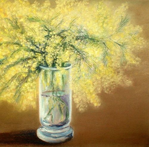 Painting titled "Branches de mimosa…" by Peindre En Catalogne, Original Artwork, Oil