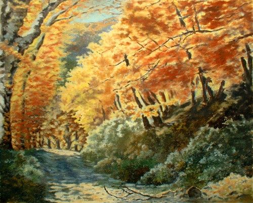 Schilderij getiteld "Sous-bois en automn…" door Peindre En Catalogne, Origineel Kunstwerk, Olie