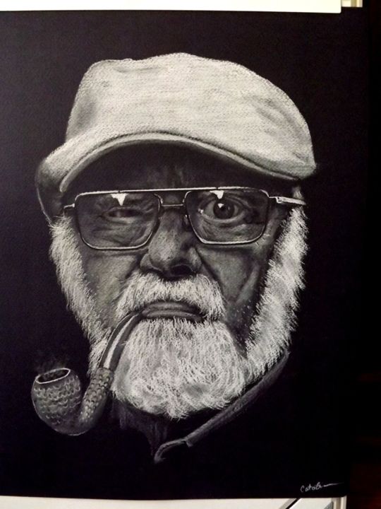 Drawing titled "OLD MAN WITH A PIPE" by Catalin Soare, Original Art, Pastel