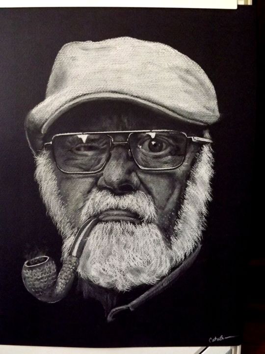 Drawing titled "OLD MAN WITH A PIPE" by Catalin Soare, Original Artwork, Pastel