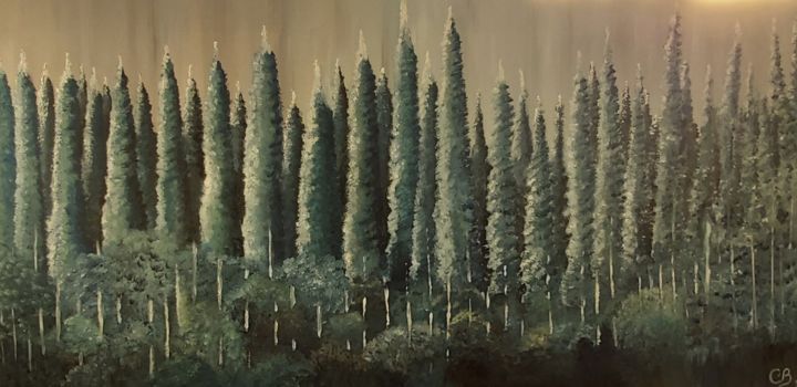 Painting titled "Pine Forest" by Catarina Brito, Original Artwork, Acrylic Mounted on Wood Stretcher frame
