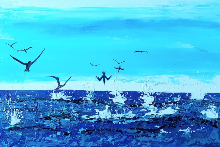 Painting titled "Mouettes affamées" by Catherine Glattli Tandé, Original Artwork, Acrylic Mounted on Wood Stretcher frame