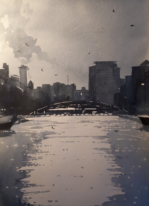 Картина под названием "The River Liffey, D…" - Cathal O'Briain, Подлинное произведение искусства, Акварель