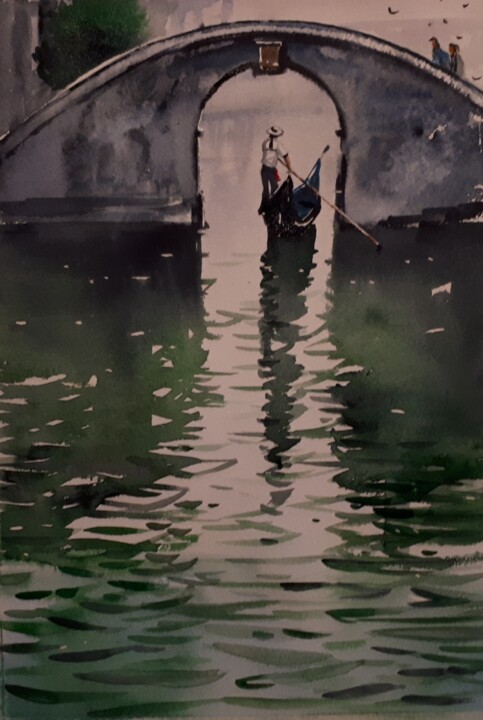 Картина под названием "Venice Scene 3" - Cathal O'Briain, Подлинное произведение искусства, Акварель