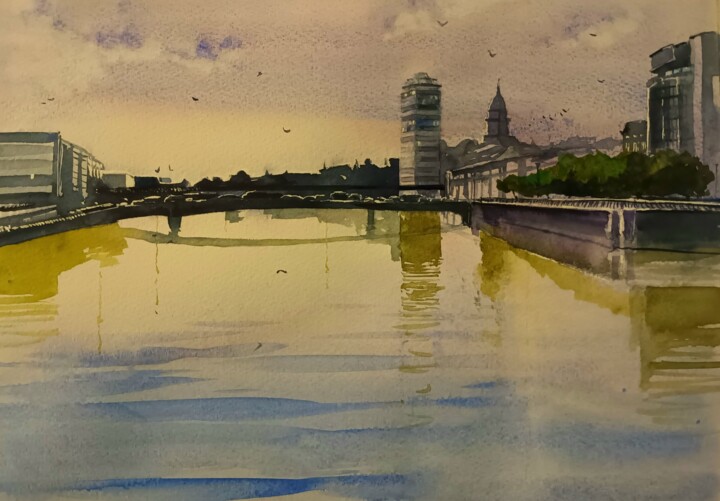 Картина под названием "The River Liffey, D…" - Cathal O'Briain, Подлинное произведение искусства, Акварель