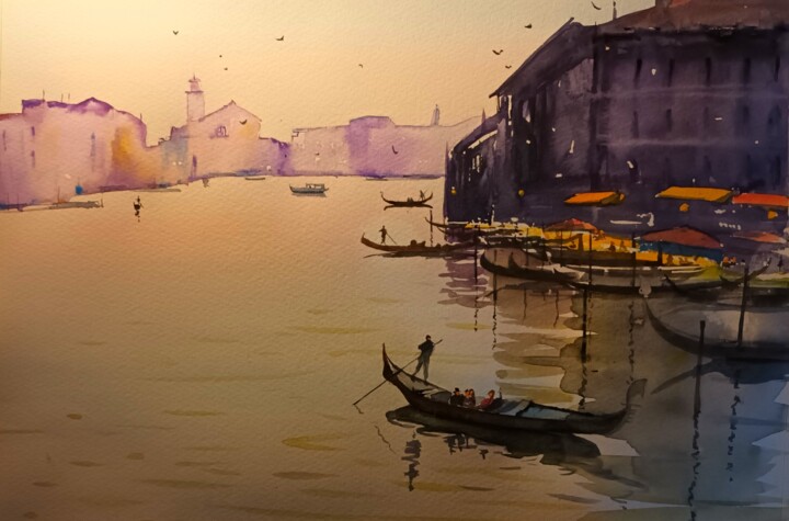 Картина под названием "Venice Scene 4" - Cathal O'Briain, Подлинное произведение искусства, Акварель
