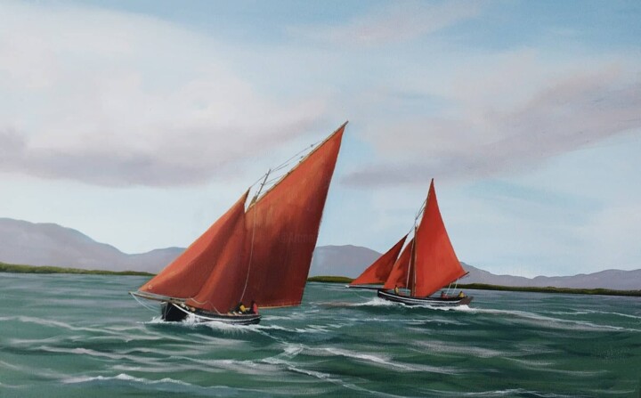 Painting titled "galway-hooker-saili…" by Cathal O Malley, Original Artwork, Acrylic