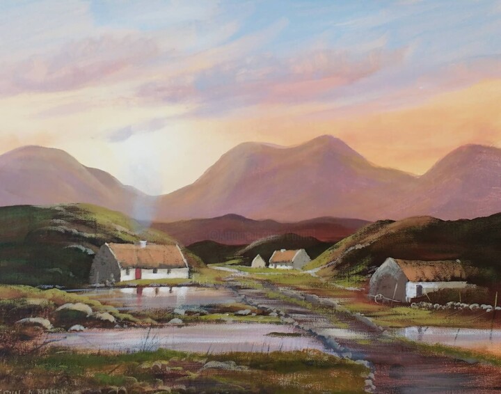 Painting titled "cottages in the west" by Cathal O Malley, Original Artwork, Acrylic