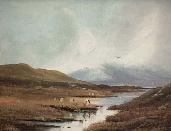 Painting titled "sheep beside lake" by Cathal O Malley, Original Artwork