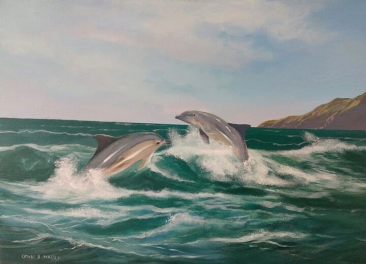Painting titled "The dolphins in din…" by Cathal O Malley, Original Artwork, Acrylic