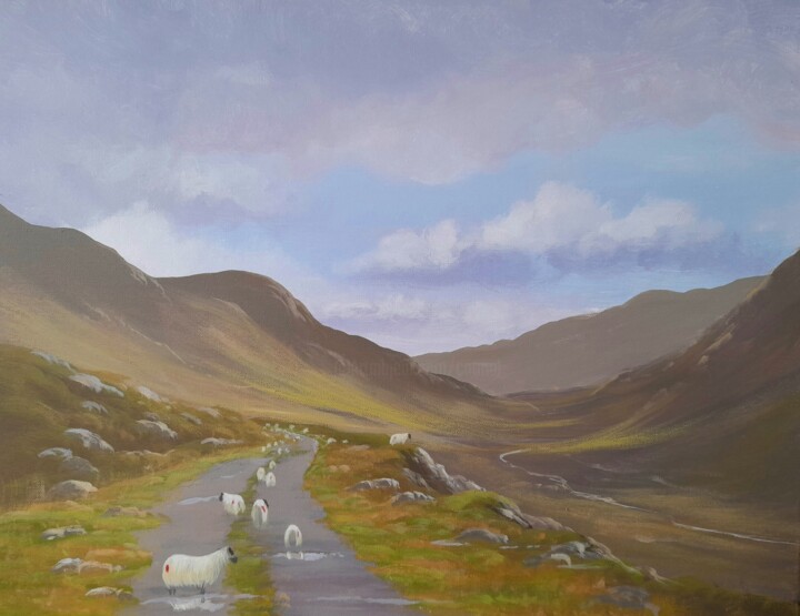 Painting titled "Maam valley sheep a…" by Cathal O Malley, Original Artwork, Acrylic