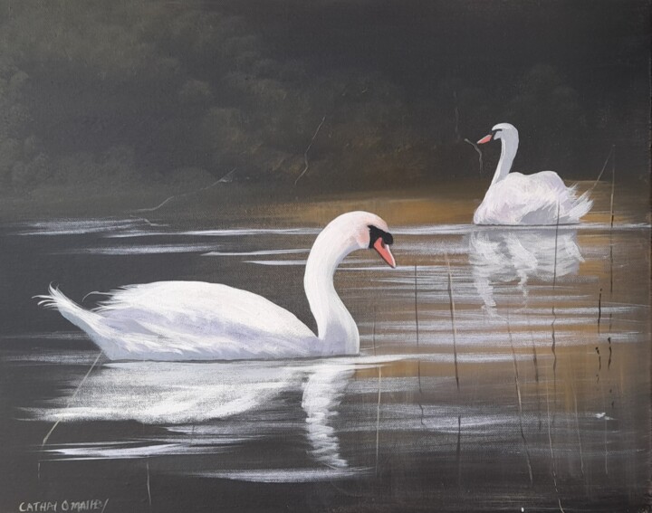 Malarstwo zatytułowany „Ballynahinch swans…” autorstwa Cathal O Malley, Oryginalna praca, Akryl