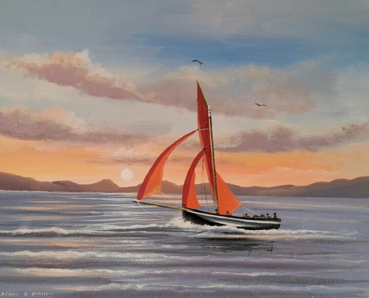 Painting titled "Sunset sails" by Cathal O Malley, Original Artwork, Acrylic
