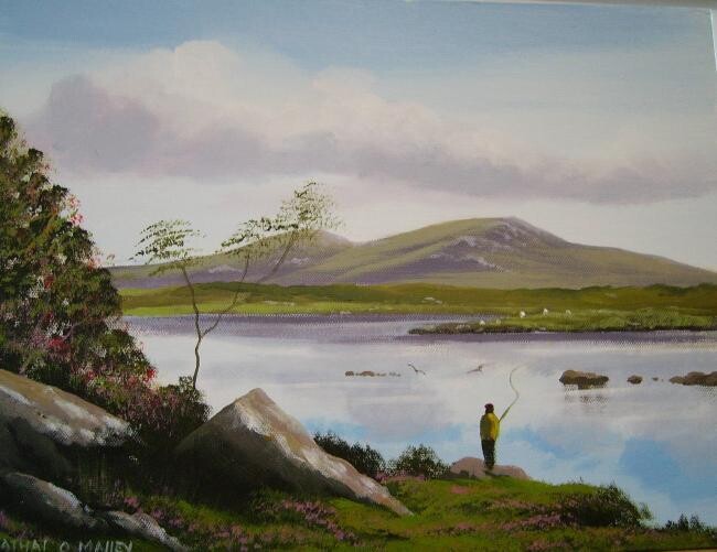 Painting titled "river fishing irela…" by Cathal O Malley, Original Artwork, Oil