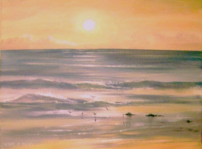 Schilderij getiteld "sunset seagulls" door Cathal O Malley, Origineel Kunstwerk