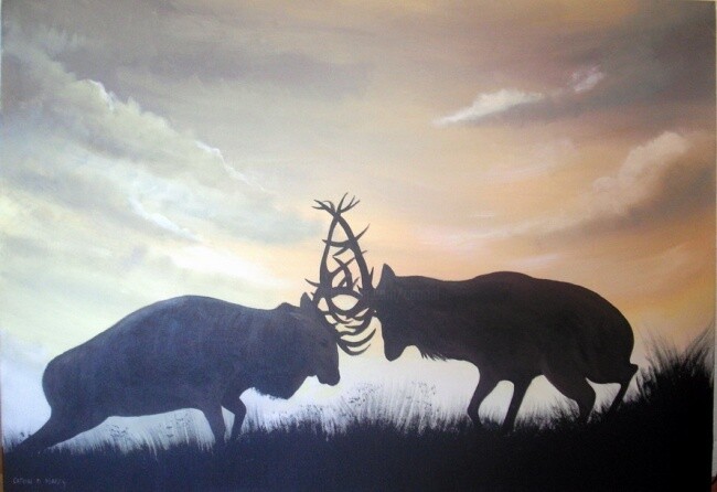 Schilderij getiteld "the stag fight" door Cathal O Malley, Origineel Kunstwerk