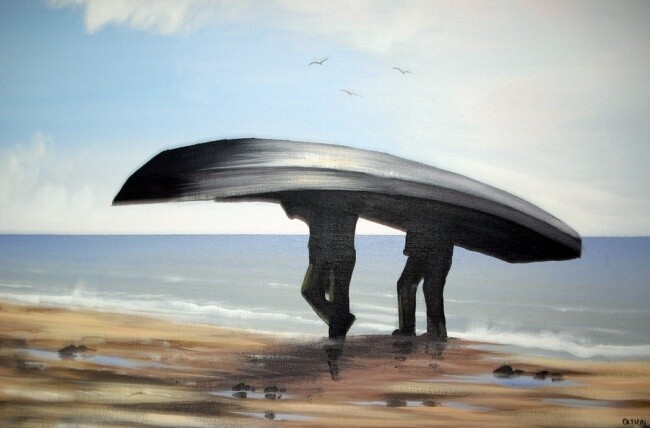 Painting titled "carrying a currach" by Cathal O Malley, Original Artwork