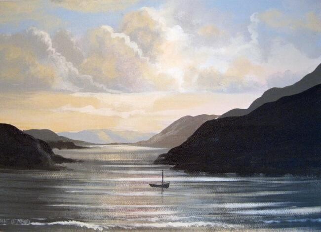 Ζωγραφική με τίτλο "killary sunset boat" από Cathal O Malley, Αυθεντικά έργα τέχνης