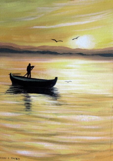 Schilderij getiteld "sunset fisherman" door Cathal O Malley, Origineel Kunstwerk