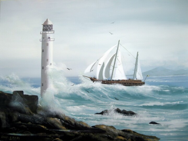 Schilderij getiteld "ship through a storm" door Cathal O Malley, Origineel Kunstwerk