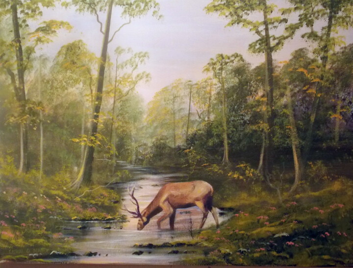 Painting titled "forest stag  galway" by Cathal O Malley, Original Artwork, Oil