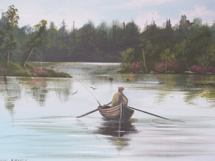 Painting titled "fishing at ballinah…" by Cathal O Malley, Original Artwork, Acrylic