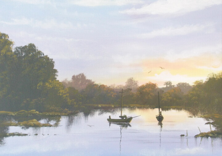 Painting titled "boats on the shannon" by Cathal O Malley, Original Artwork, Acrylic