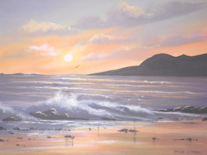 Painting titled "cleggan sunset waves" by Cathal O Malley, Original Artwork, Acrylic