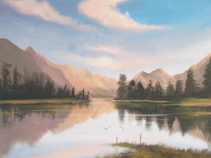 Painting titled "lake mountain" by Cathal O Malley, Original Artwork, Acrylic