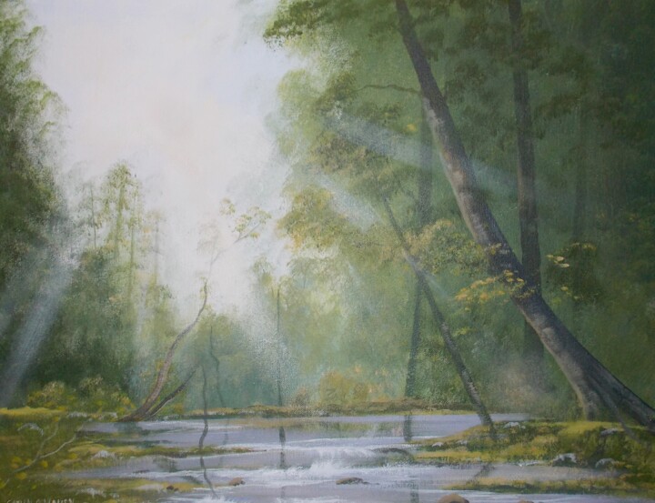 Painting titled "forest stream" by Cathal O Malley, Original Artwork, Acrylic