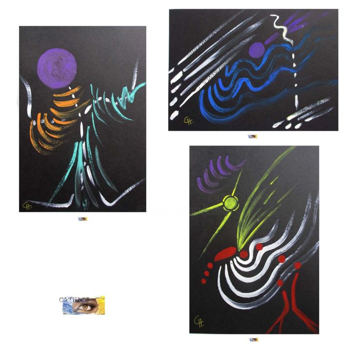 Peinture intitulée "3 Cartes d'Art Equi…" par Cathart, Œuvre d'art originale, Aquarelle