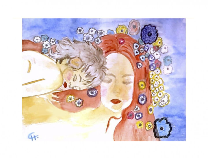 Peinture intitulée "la mère et l enfant" par Cathart, Œuvre d'art originale, Aquarelle